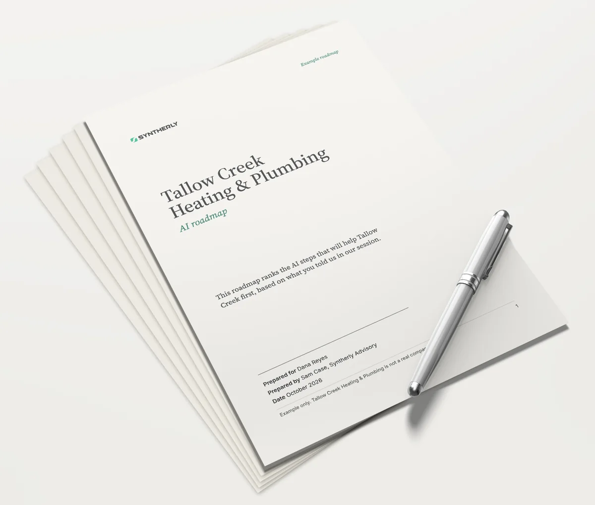The example AI roadmap for Tallow Creek Heating & Plumbing: six printed pages with the cover on top and a pen.