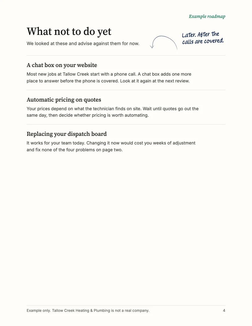 Page four of the example roadmap: What not to do yet, with the advisor’s note.